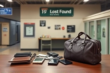 Collection of lost items in a train station lost and found.