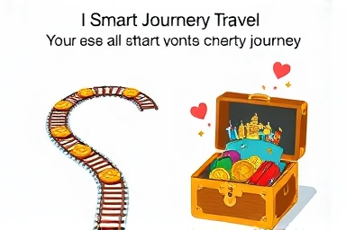 Journey path of coins and train tracks to a treasure chest