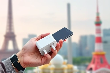 Traveler with adapter and phone, global landmarks background.