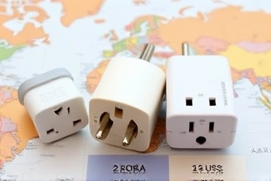 Electrical plugs and voltage converter on a world map.