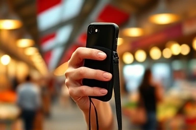 Smartphone anti-theft strap securing a phone during travel.