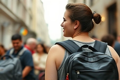 Traveler using an anti-theft strap on a backpack for security.
