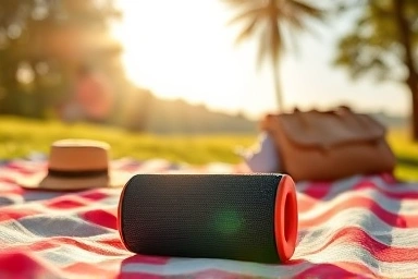 Compact Bluetooth speaker enhancing a scenic travel moment.