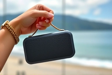 Close-up of portable Bluetooth speaker against a travel backdrop.