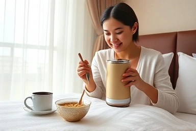 Traveler using portable electric kettle for ramen in hotel room.