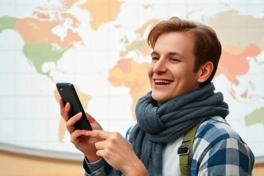 Traveler using app for currency exchange planning