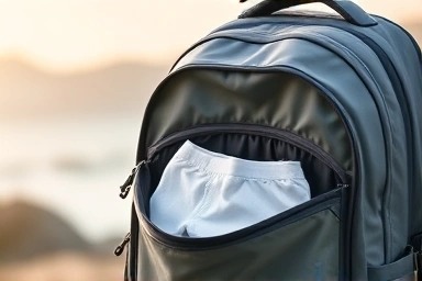Travel backpack with disposable underwear, prepared for a trip.