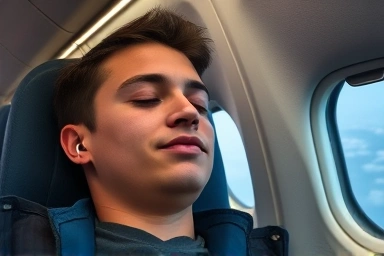 Traveler sleeping peacefully on airplane with earplugs.