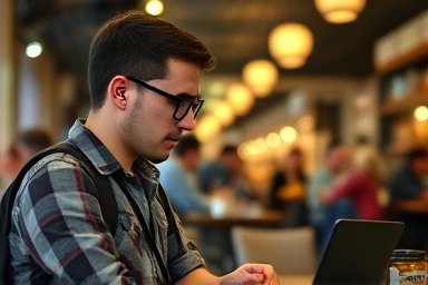 Traveler focused on laptop in cafe with earplugs.
