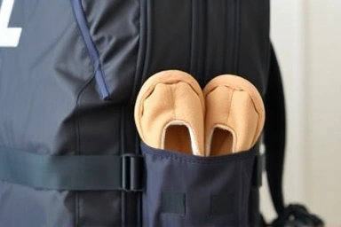 Compact folding slippers in a travel backpack