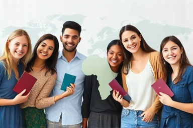 Happy travelers with travel insurance symbols