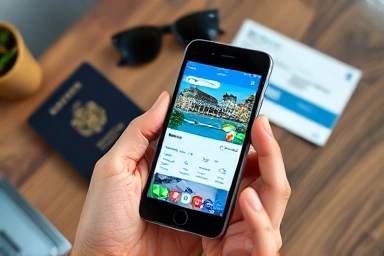 Smartphone travel app, passport, sunglasses, boarding pass, travel preparation