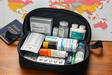 Organized travel medicine kit with pills, bandages, and passport.