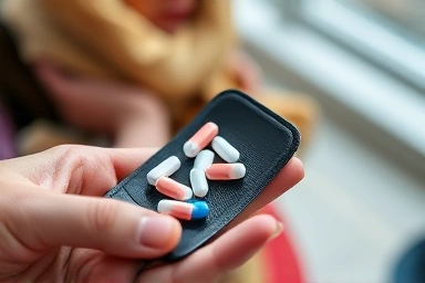 Hands packing a portable travel medicine pouch with essential medications.