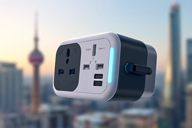 Smart multi-adapter for international travel, symbolizing global compatibility and fast charging.
