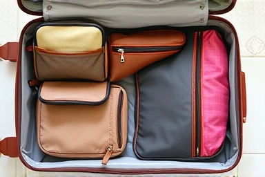 Organized suitcase with travel pouches for efficient packing.