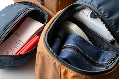 Variety of travel pouches with organized travel essentials inside.