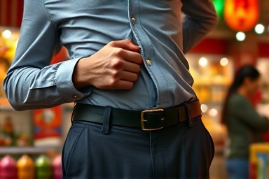 Discreetly wearing a travel money belt for security.