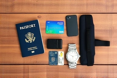 Essential travel security items including money belt and passport.