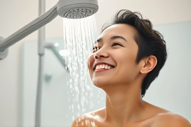 Refreshing shower with portable filter, protecting skin and hair.