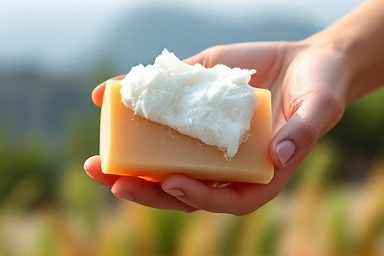 Lathering solid shampoo bar with natural background