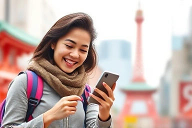 Traveler using Travel Wallet app in Japan, smart finance