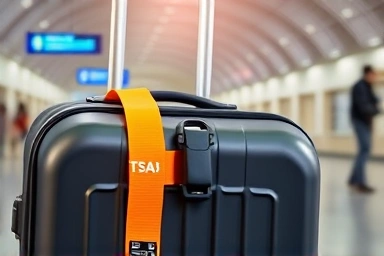 TSA luggage strap securing a suitcase for safe travel.