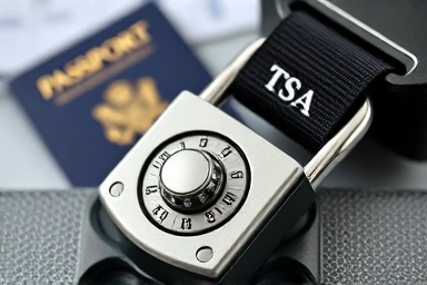 Close-up of TSA lock with combination dial on luggage strap.