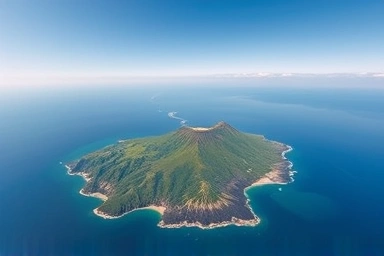 Aerial view of Ulleungdo Island's dramatic coastline and mountains.