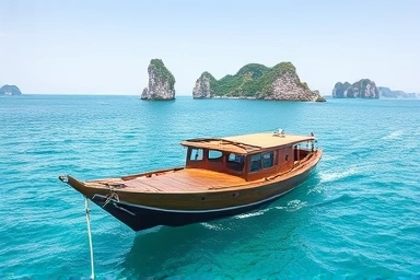 Traditional Korean boat sailing near Ulleungdo Island's scenic shores.