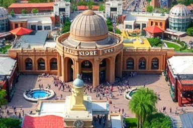 Aerial view of Universal Studios Hollywood with happy visitors