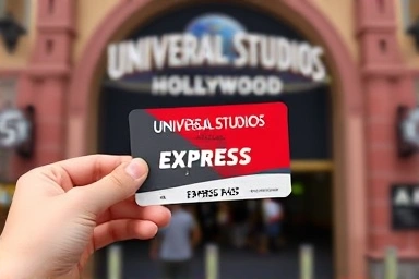 Hand holding Universal Studios Express Pass with ride entrance background