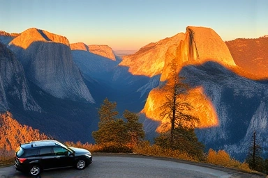 Yosemite Valley panorama with car on overlook