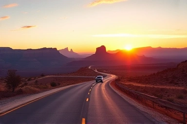 Desert highway leading to Grand Canyon at sunset