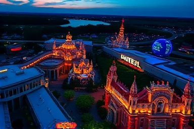 Vibrant aerial view of Universal Studios Japan at dusk, glowing lights.