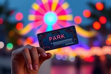 Hand holding futuristic park pass with blurred theme park lights.