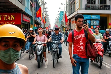Vietnam street scene with people using ride-sharing apps