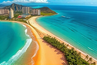 Aerial view of Waikiki Beach, Hawaii with Diamond Head.