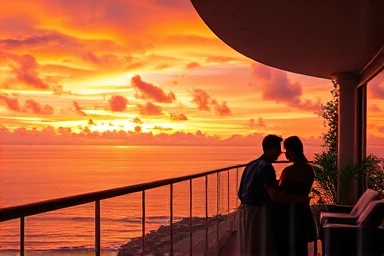 Hotel balcony view of Waikiki sunset with ocean.