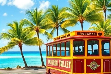 Waikiki Trolley bus on a scenic Hawaiian coastal road