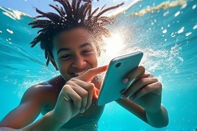 Smartphone use underwater with waterproof pouch