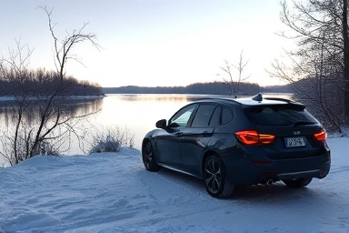 Cozy winter car camping by a peaceful lake.