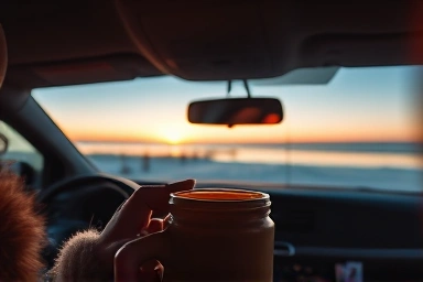 Warm tea from car window, enjoying winter sunset.
