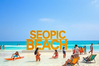 Yangyang Seopik Beach vibrant scene with surfers and iconic sign