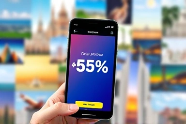 Smartphone displaying travel app with discount.