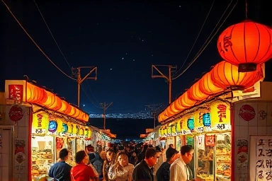 Bustling Yeosu Nangmanpocha street at night with lanterns and ocean view.