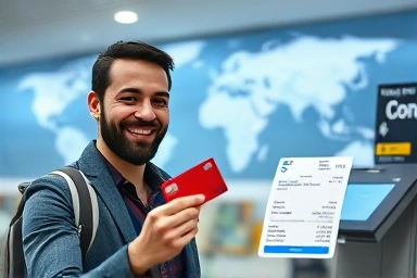 Traveler using zero-fee credit card internationally.