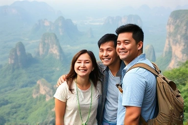Family enjoying Zhangjiajie view, happy travel experience, scenic panorama