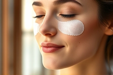 Woman applying a hydrating sheet mask for healthy skin.