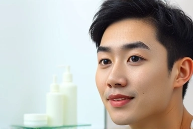 Young Korean man with healthy skin, confident, modern bathroom.